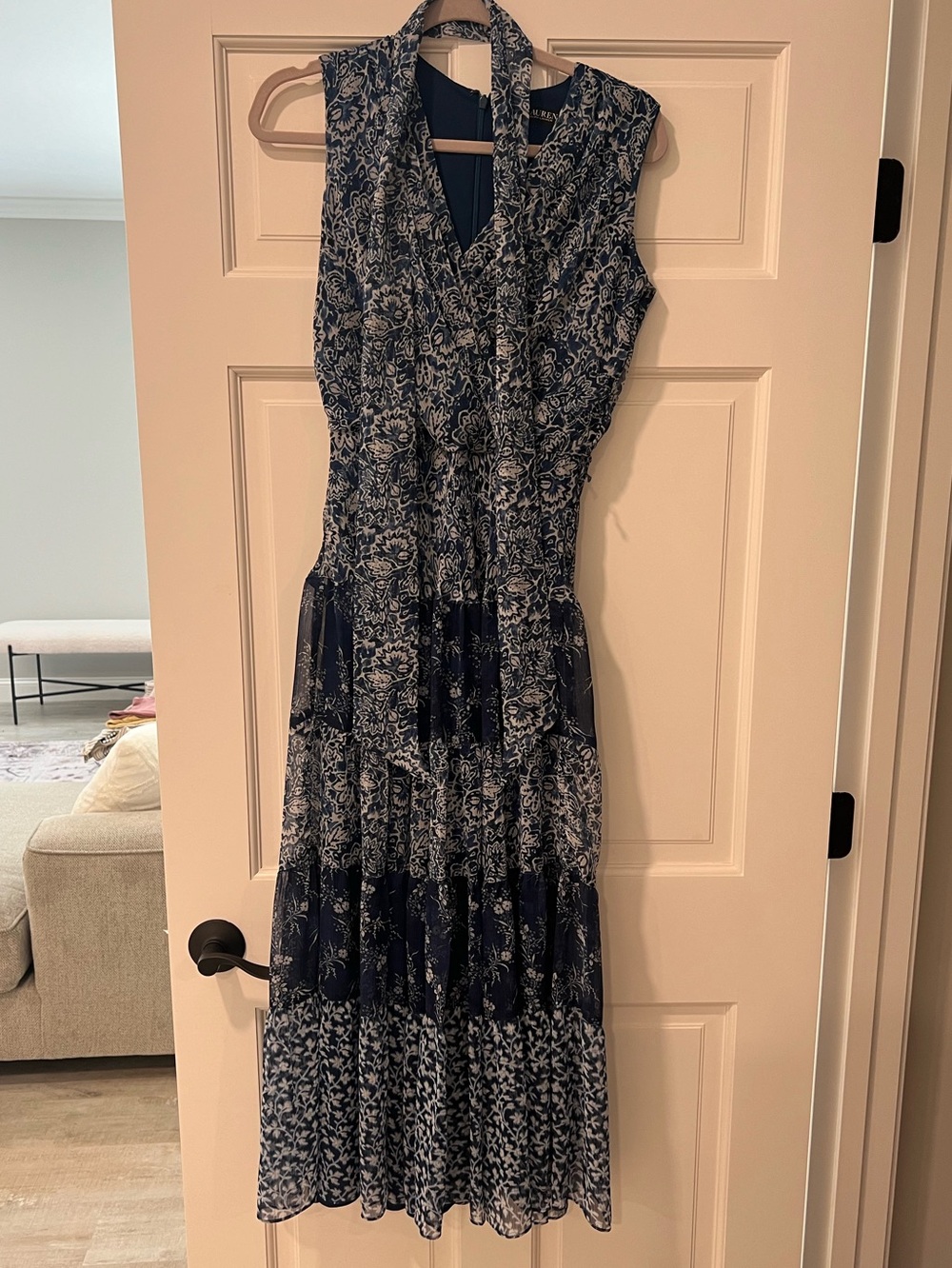 Ralph Lauren Navy and White Sleeveless V-Neck Tiered Midi Dress